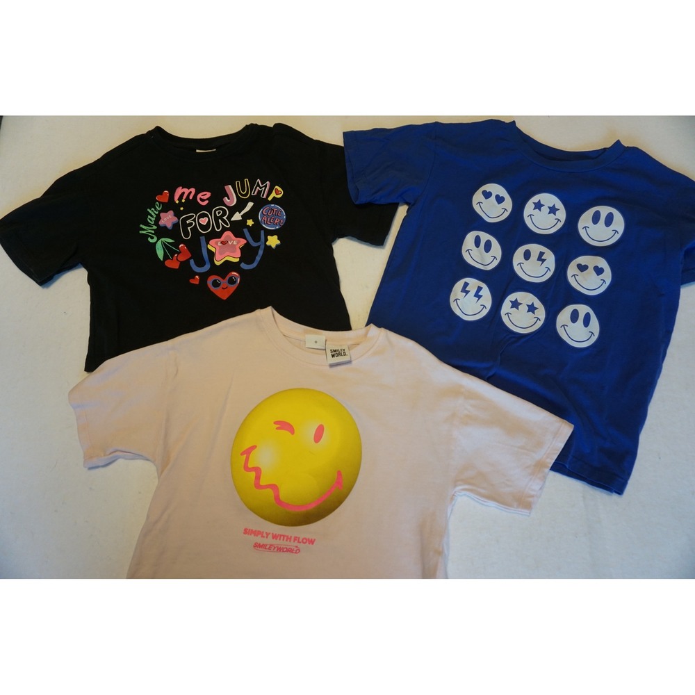 Zara SmileyWorld Girls Graphic Tee Bundle Black Pink Blue Size 9-10 10-12 3pc